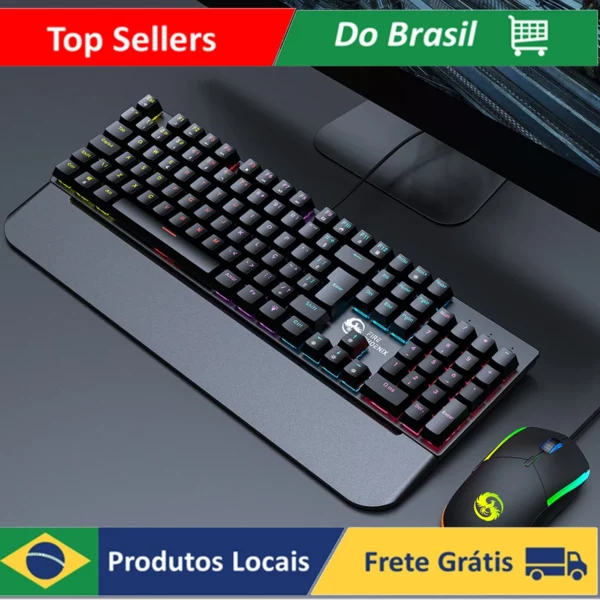 Kit de teclado e mouse mecânico gamer abnt2 iluminação led interruptor rgb azul usb 3200 dpi luuk young Bk-03